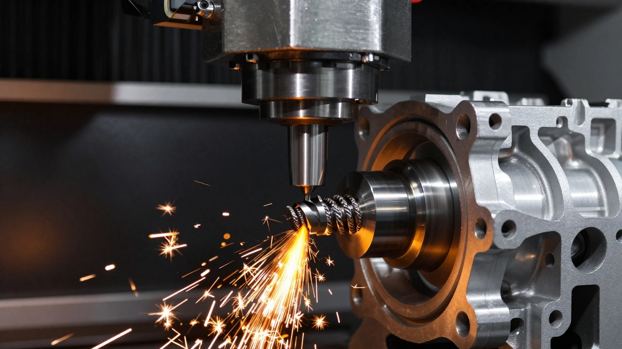 Macro view of a CNC machine cutting aluminum with flying metal shavings.