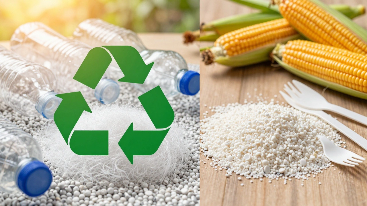 Recycled PET fibers and corn-based bioplastics