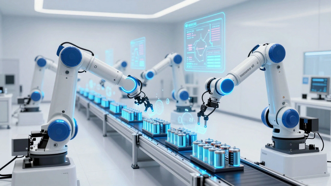 Robotic arms assembling EV batteries in a futuristic automated facility.