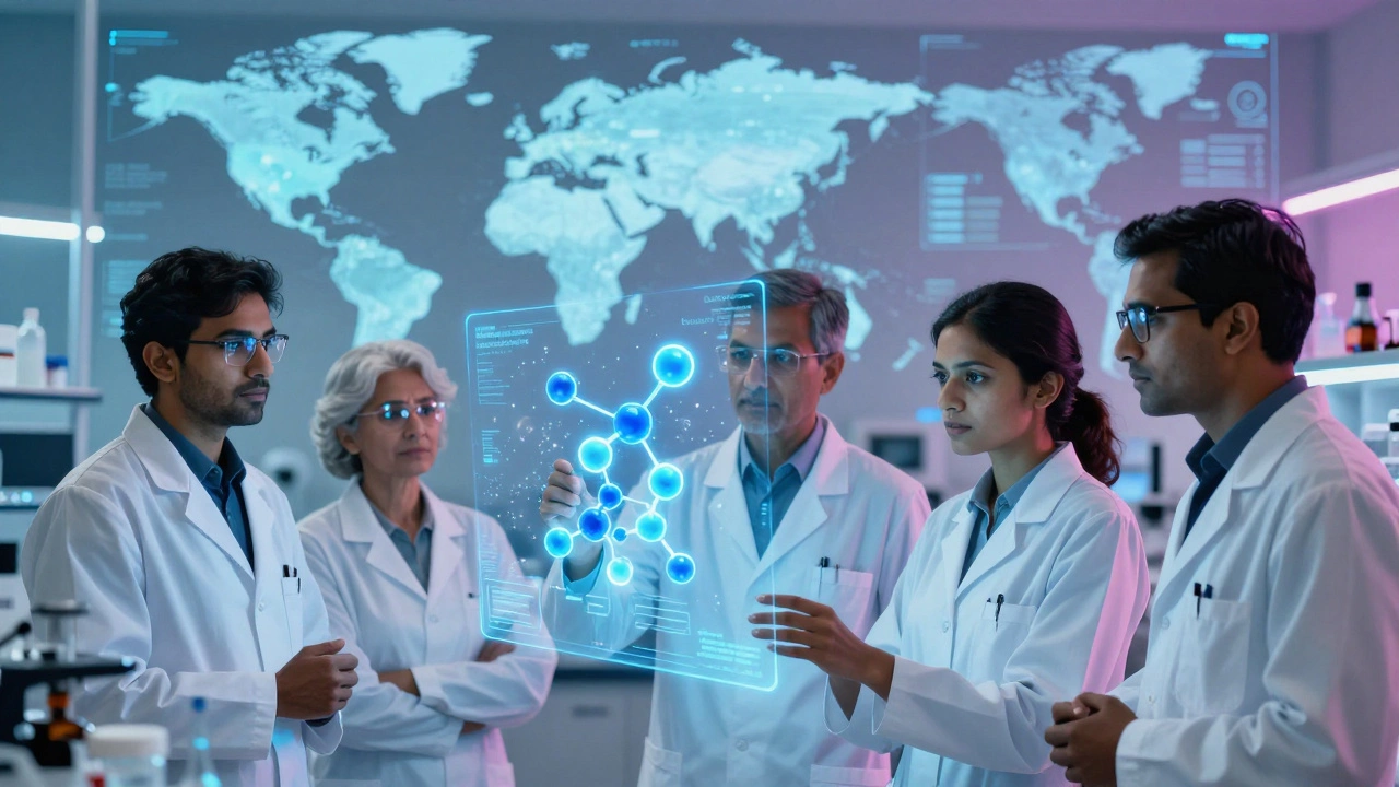 Scientists analyzing holographic drug molecules in a high-tech lab
