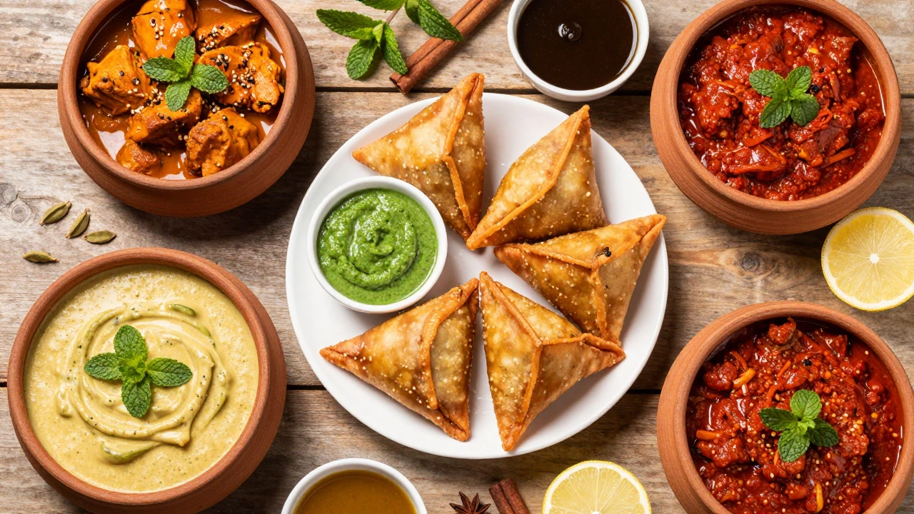 Variety of Indian dishes including samosas, curries, and spices