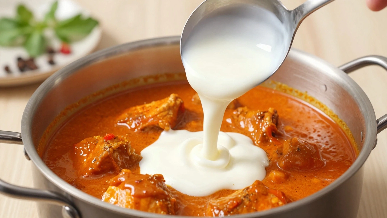 Whisked yogurt being tempered with hot chicken curry sauce