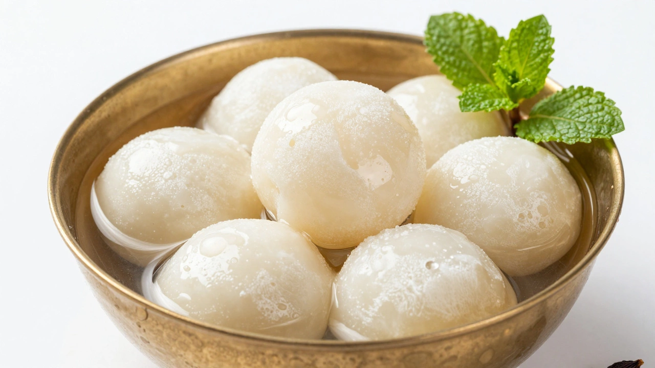 White spongy Rasgulla balls in clear sugar syrup