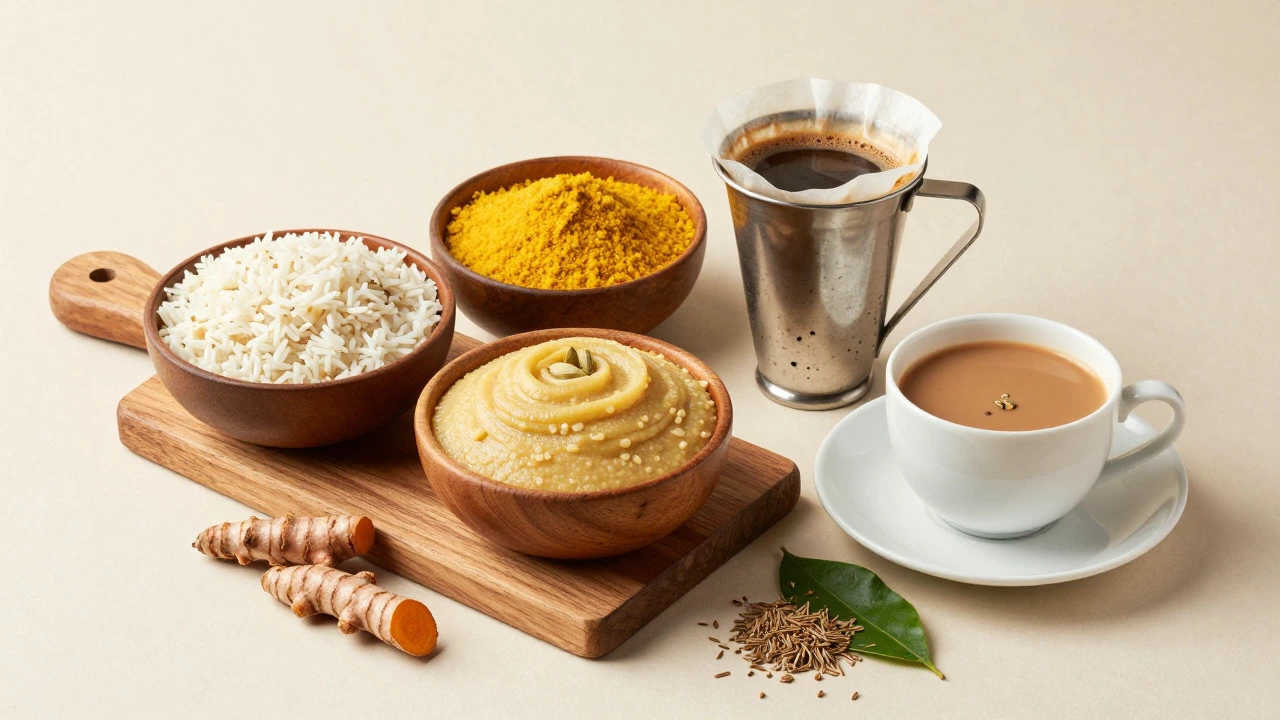 Bowls of poha, upma, besan, and cups of chai and filter coffee