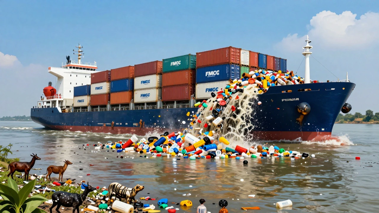 Cargo ship dumping plastic waste into a polluted river flowing to the sea