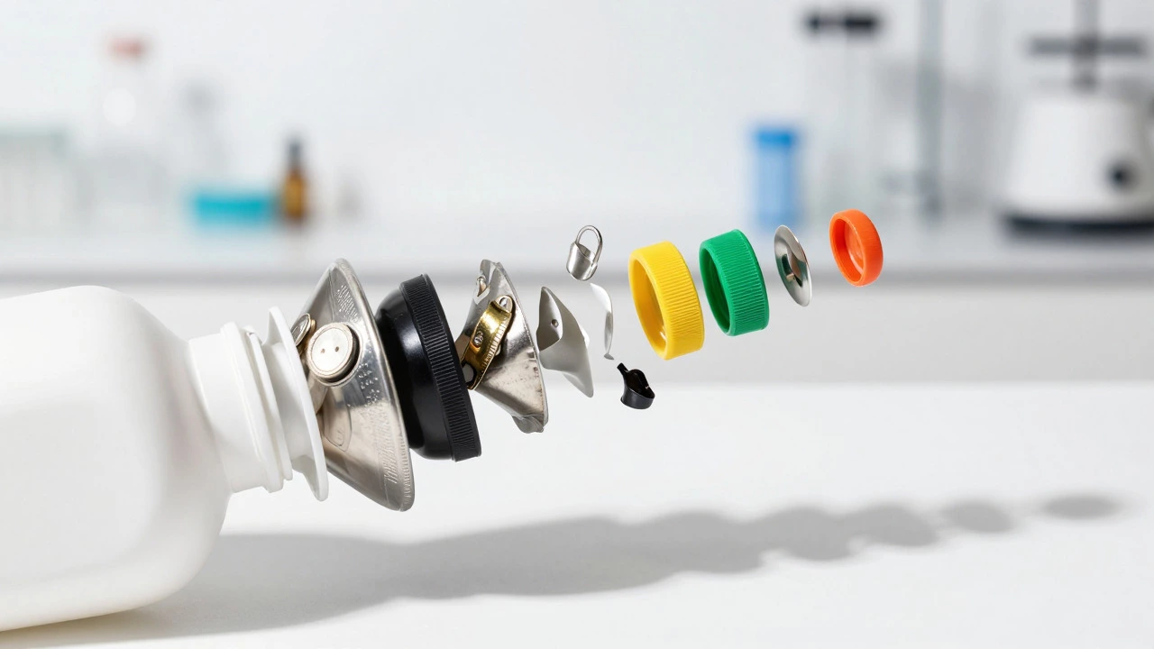 Deconstructed plastic bottle parts floating in air showing recycling complexity