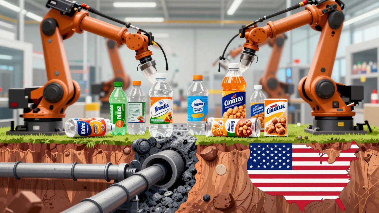 Factory robots packaging goods over shale gas extraction map