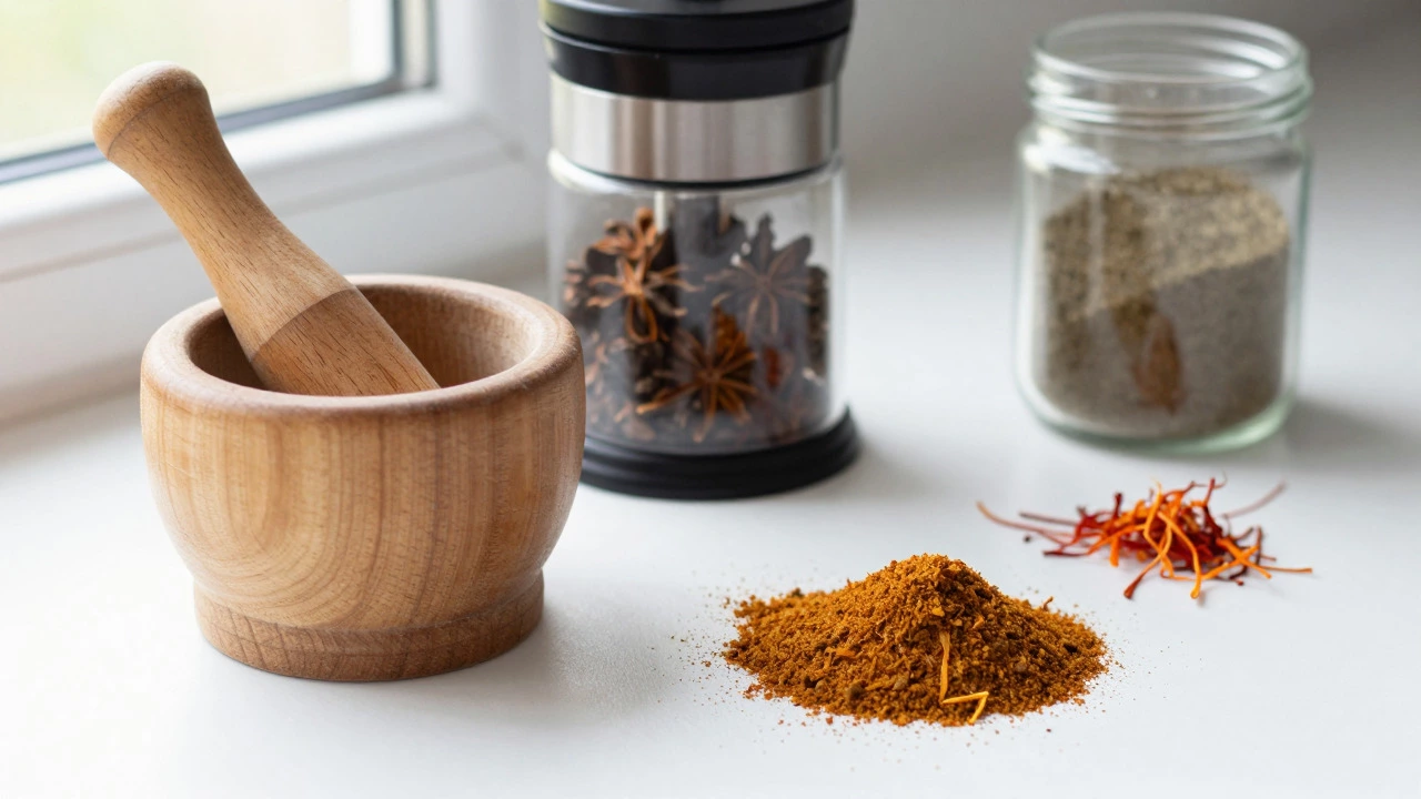 Freshly ground spices in a mortar versus old store-bought jar and saffron