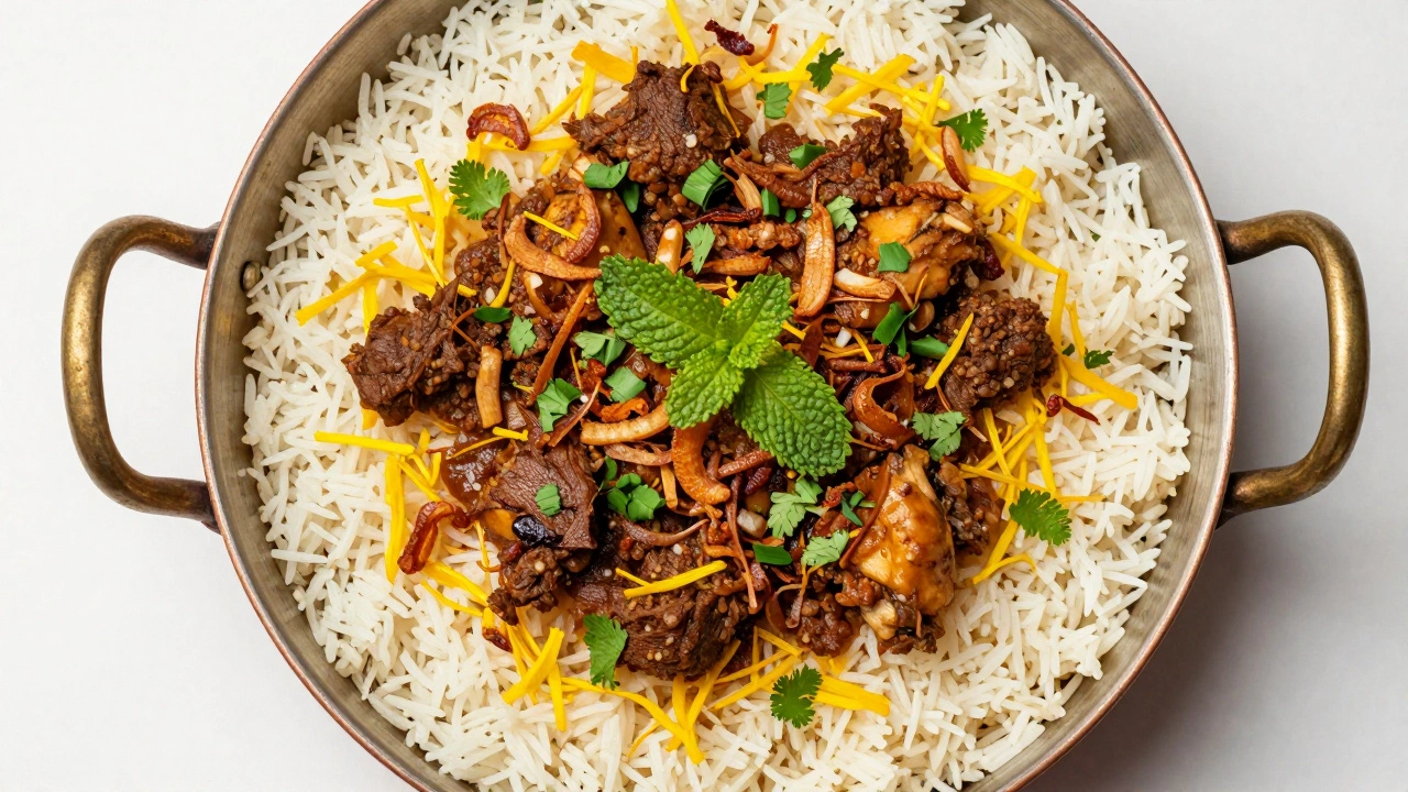 Layered biryani pot with rice, meat masala, fried onions, and saffron.