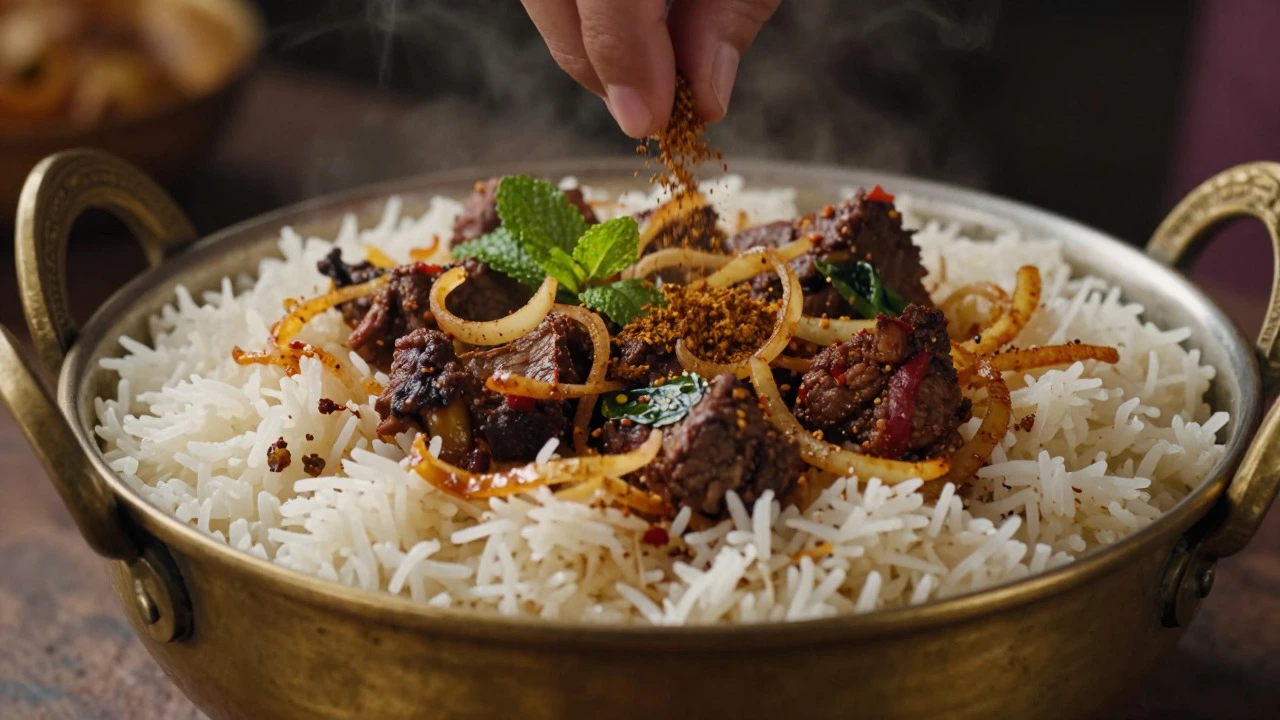 Layering biryani with rice, meat, and sprinkling garam masala in a brass pot