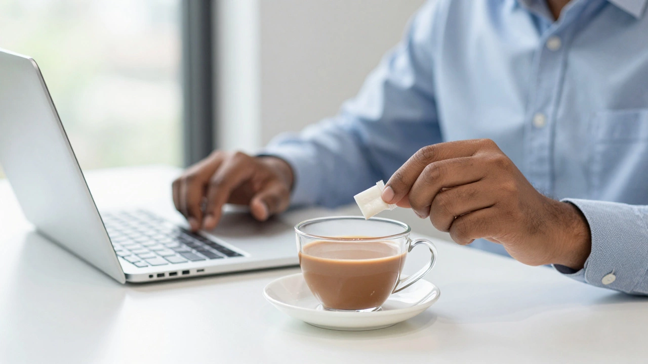 Person holding chewing gum and chai in a modern Indian office setting.