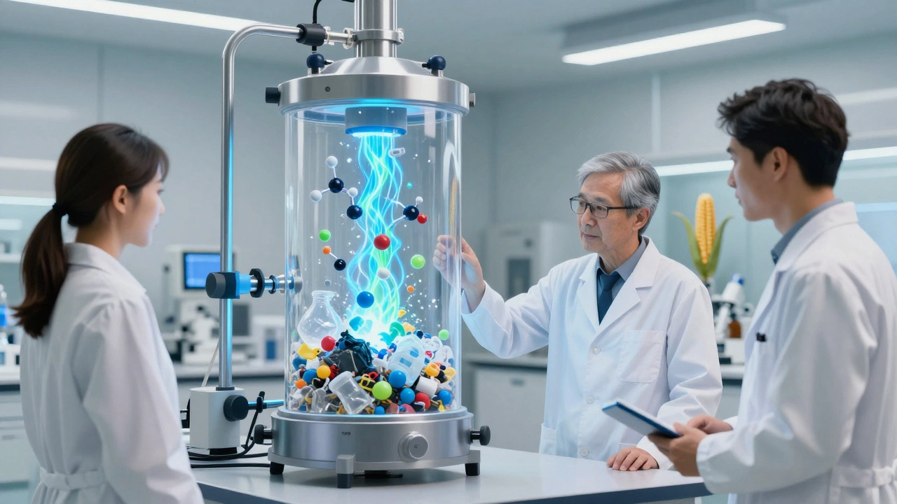 Scientists observing chemical recycling reactor in lab