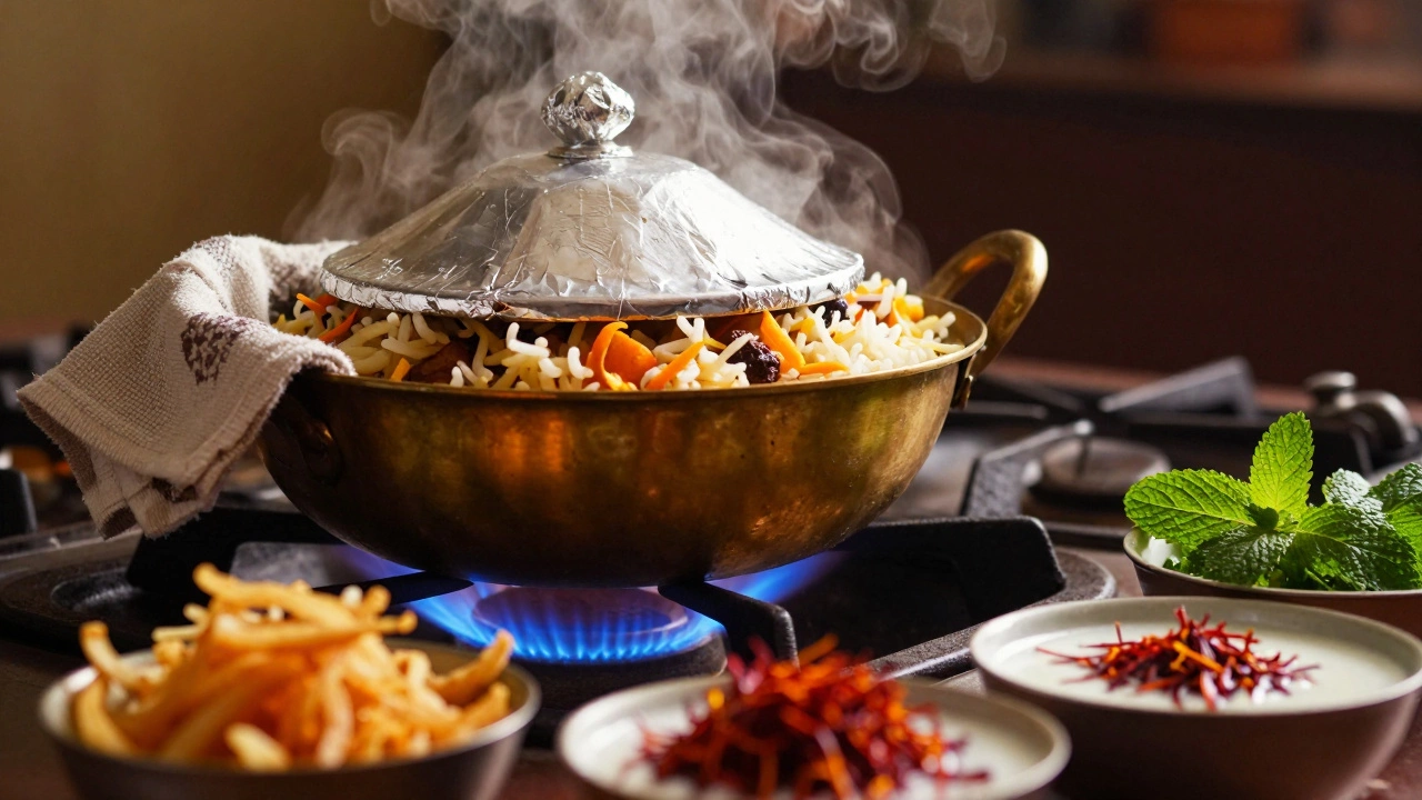 Sealed biryani pot on low heat with steam trapped inside for dum cooking.