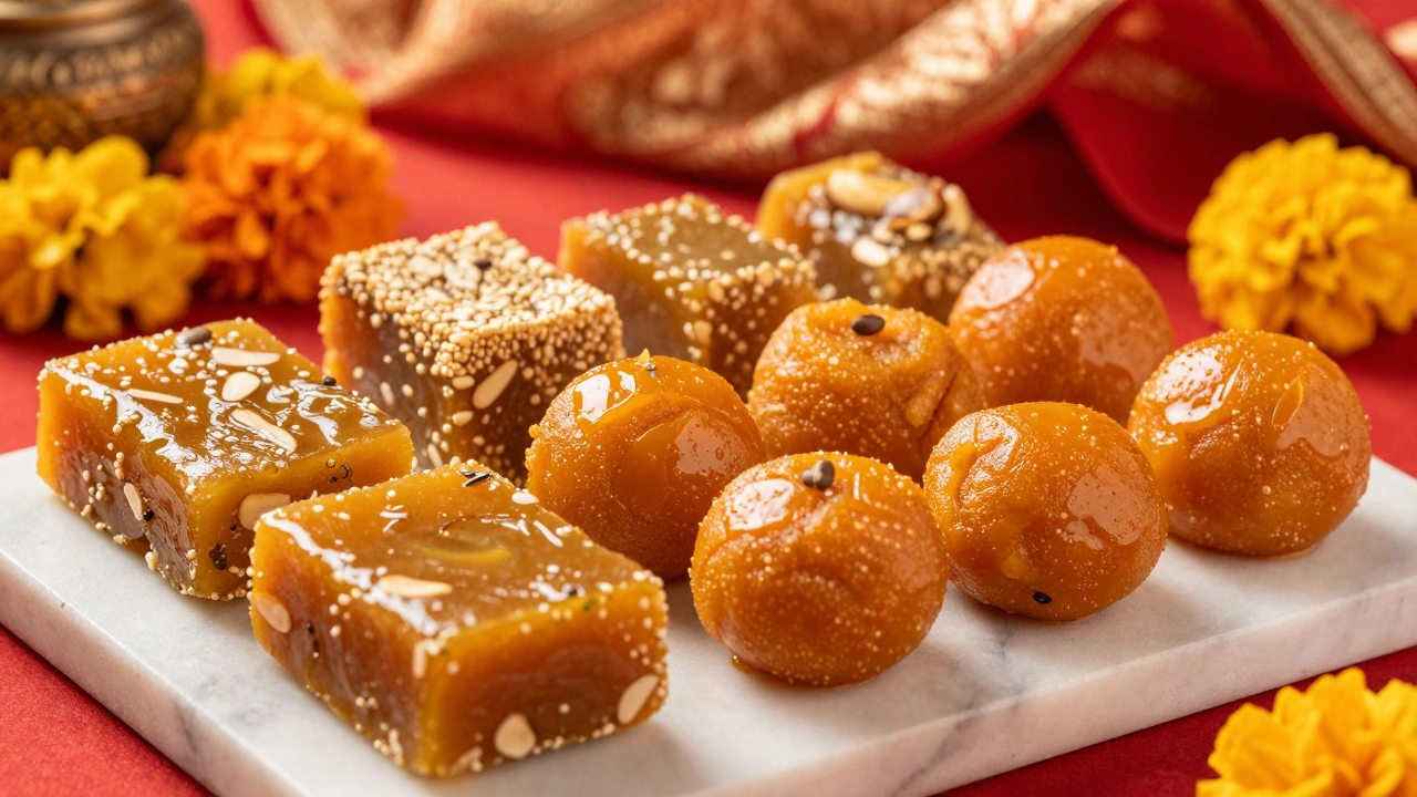 Traditional Indian sweets like Kaju Katli and Ladoo arranged for a festival celebration.