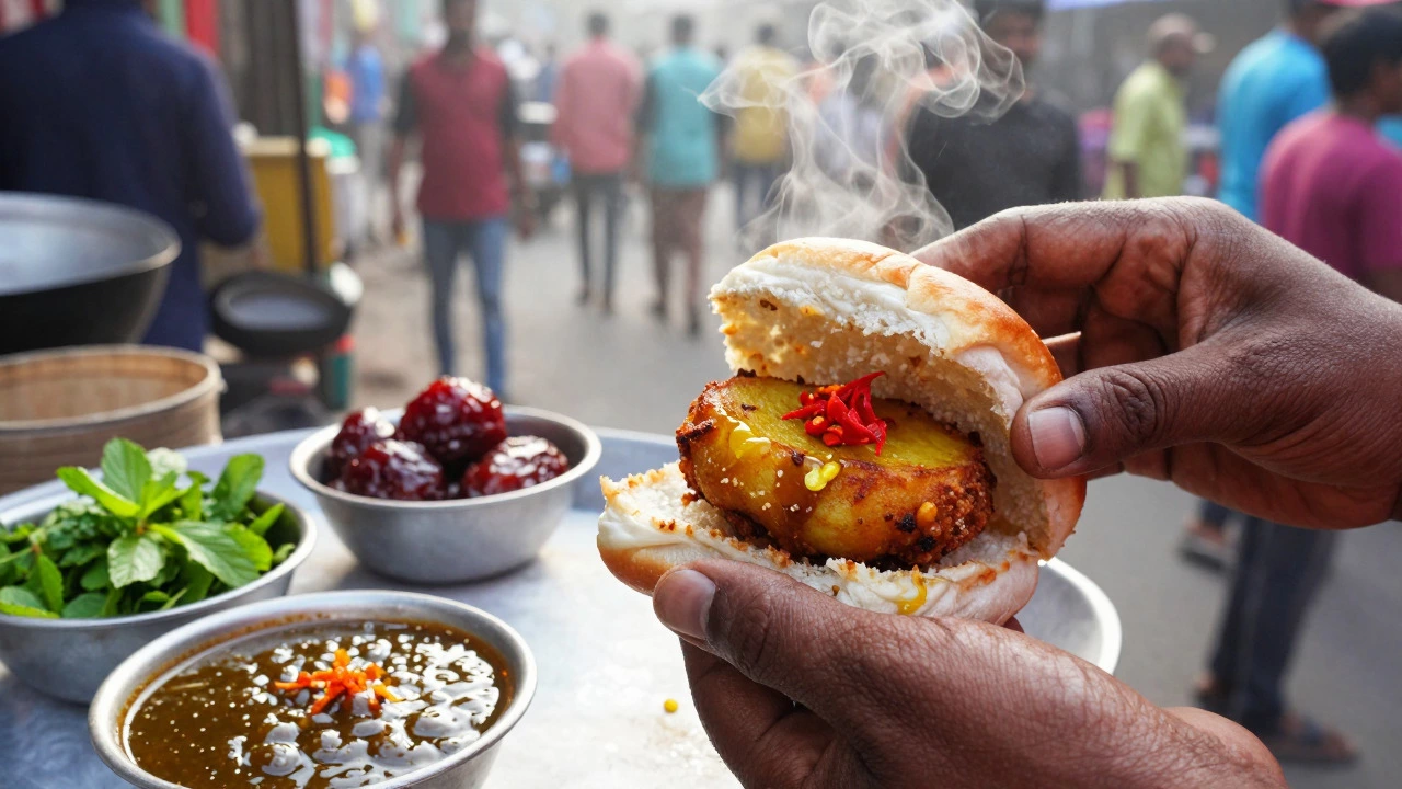Vendor preparing vada pav with chutneys on a busy Mumbai street