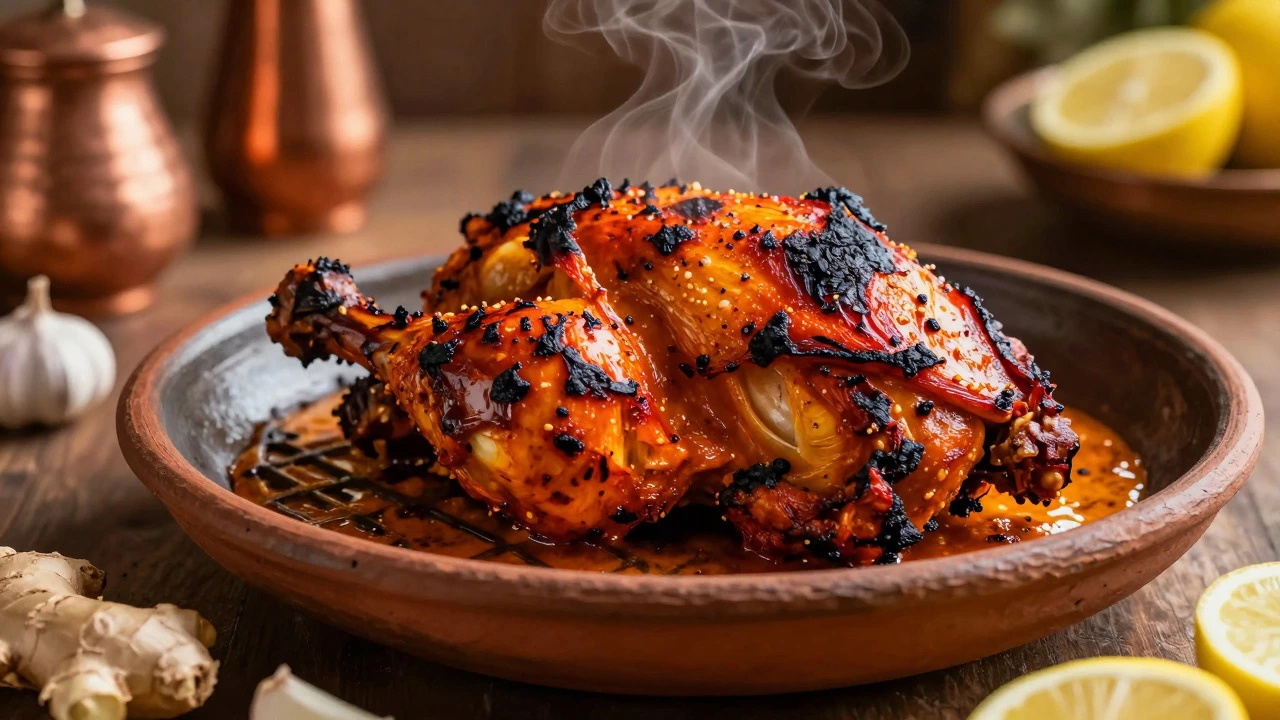 Charred, vibrant orange Tandoori chicken on a grill with steam rising