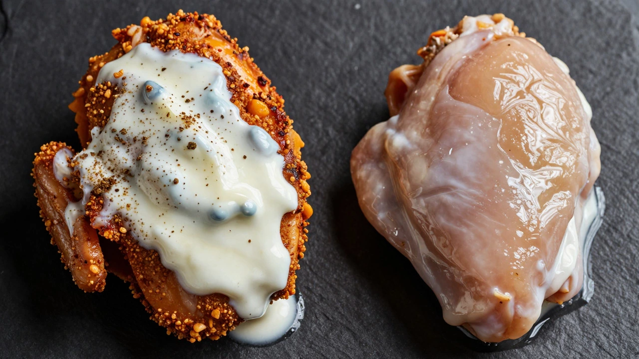 Close-up comparison of yogurt-coated chicken with spice crust vs buttermilk-soaked chicken