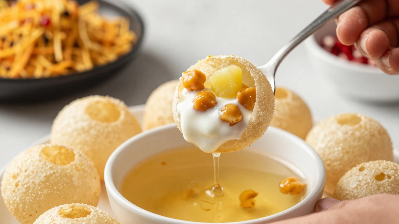 Close-up of a hand filling a pani puri with spiced potatoes and tamarind water