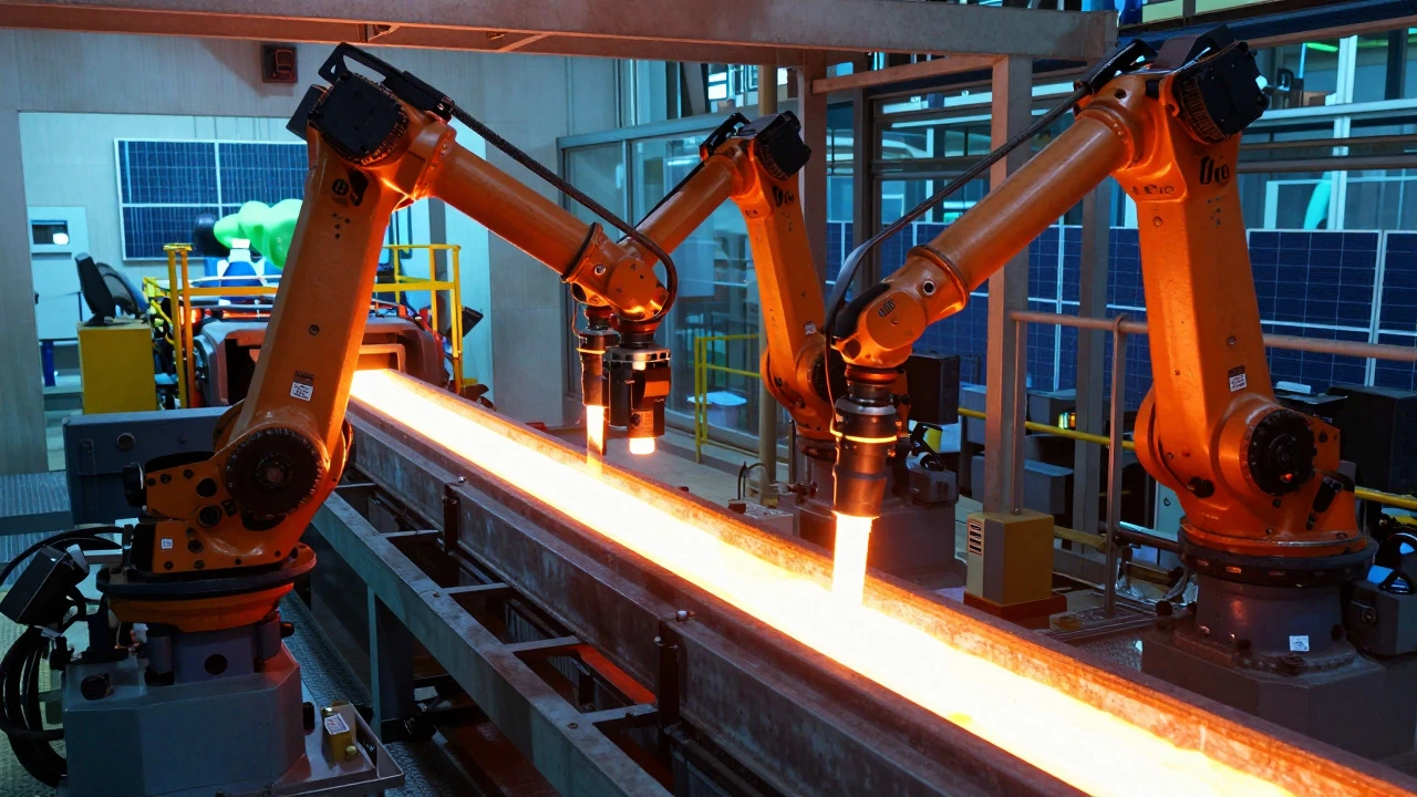 Close-up of advanced robotic automation in a modern Korean steel foundry