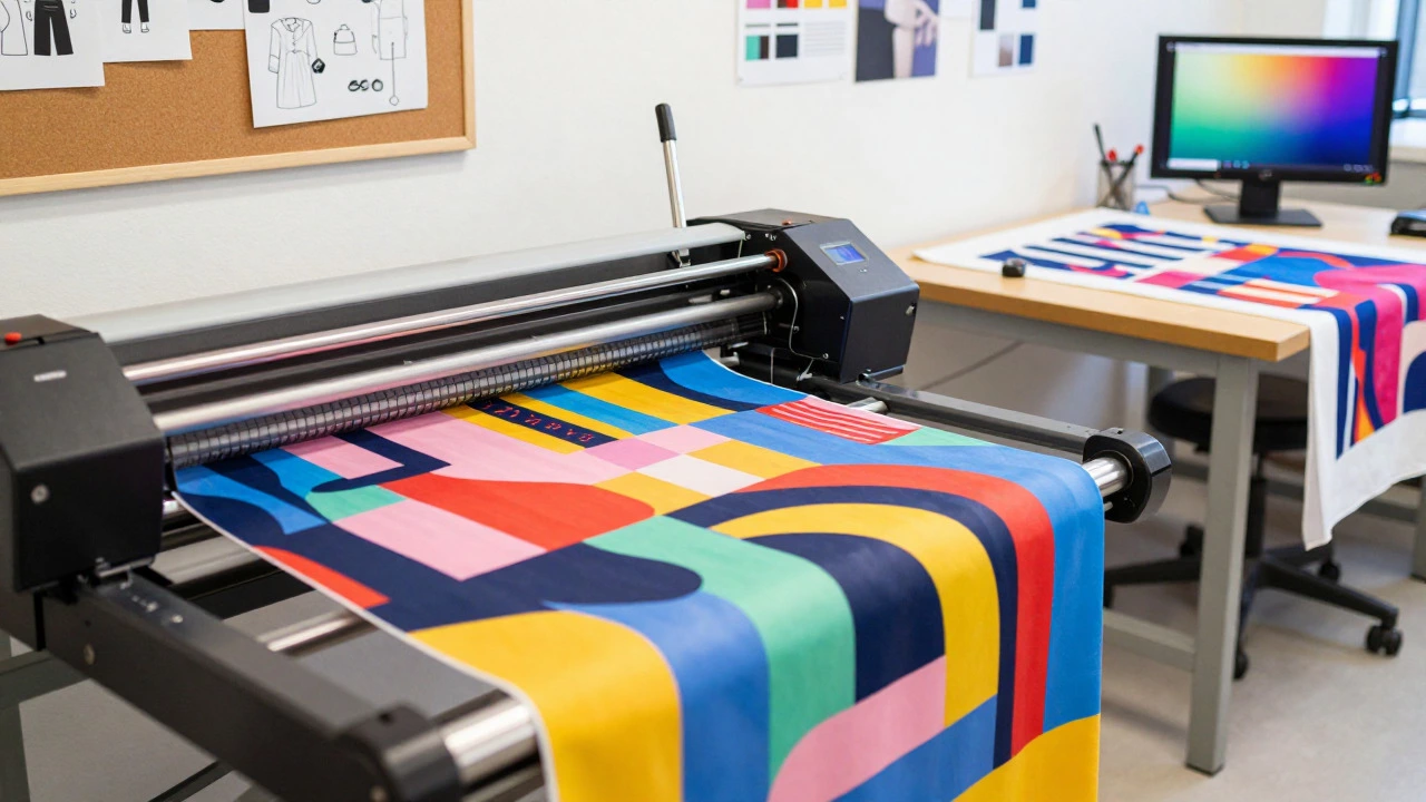 Colorful fabrics moving through a digital textile printing machine