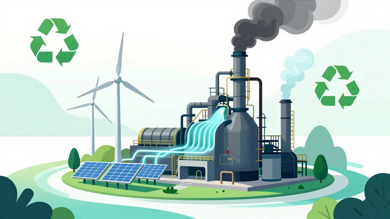 Conceptual art of a green steel plant powered by renewable energy sources