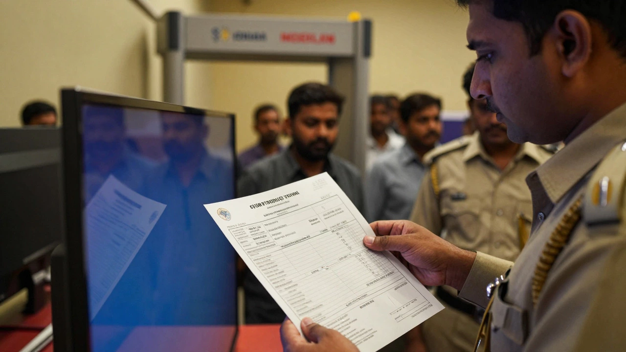 Customs officer inspecting imported TV and invoice at Delhi airport