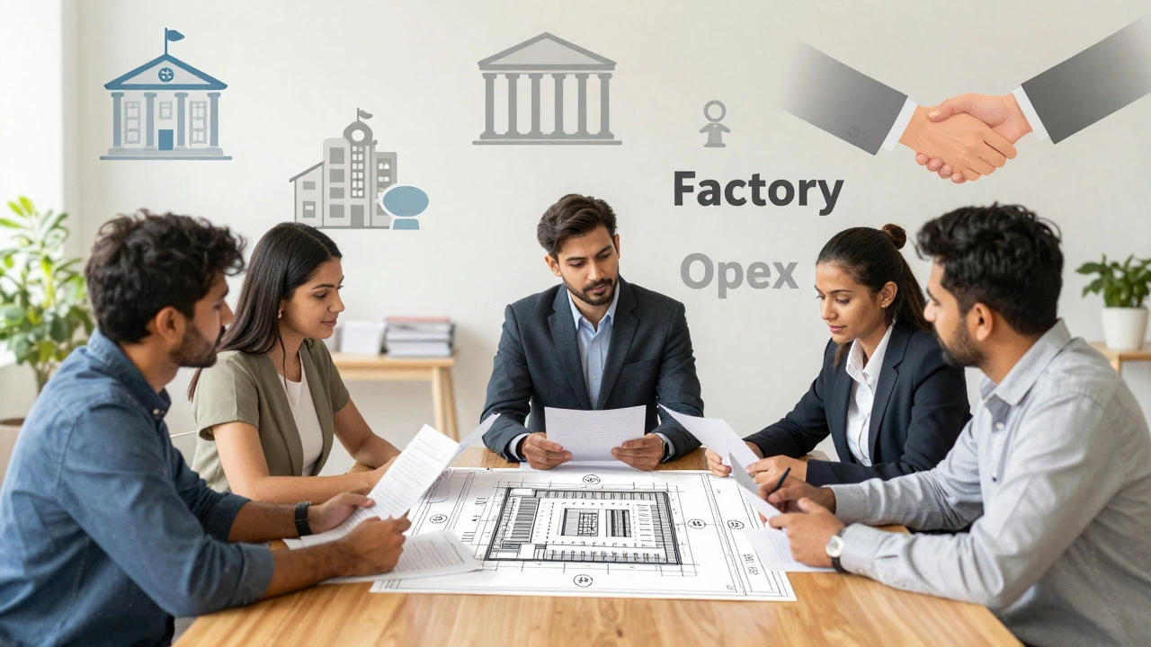 Entrepreneurs discussing factory plans and funding options