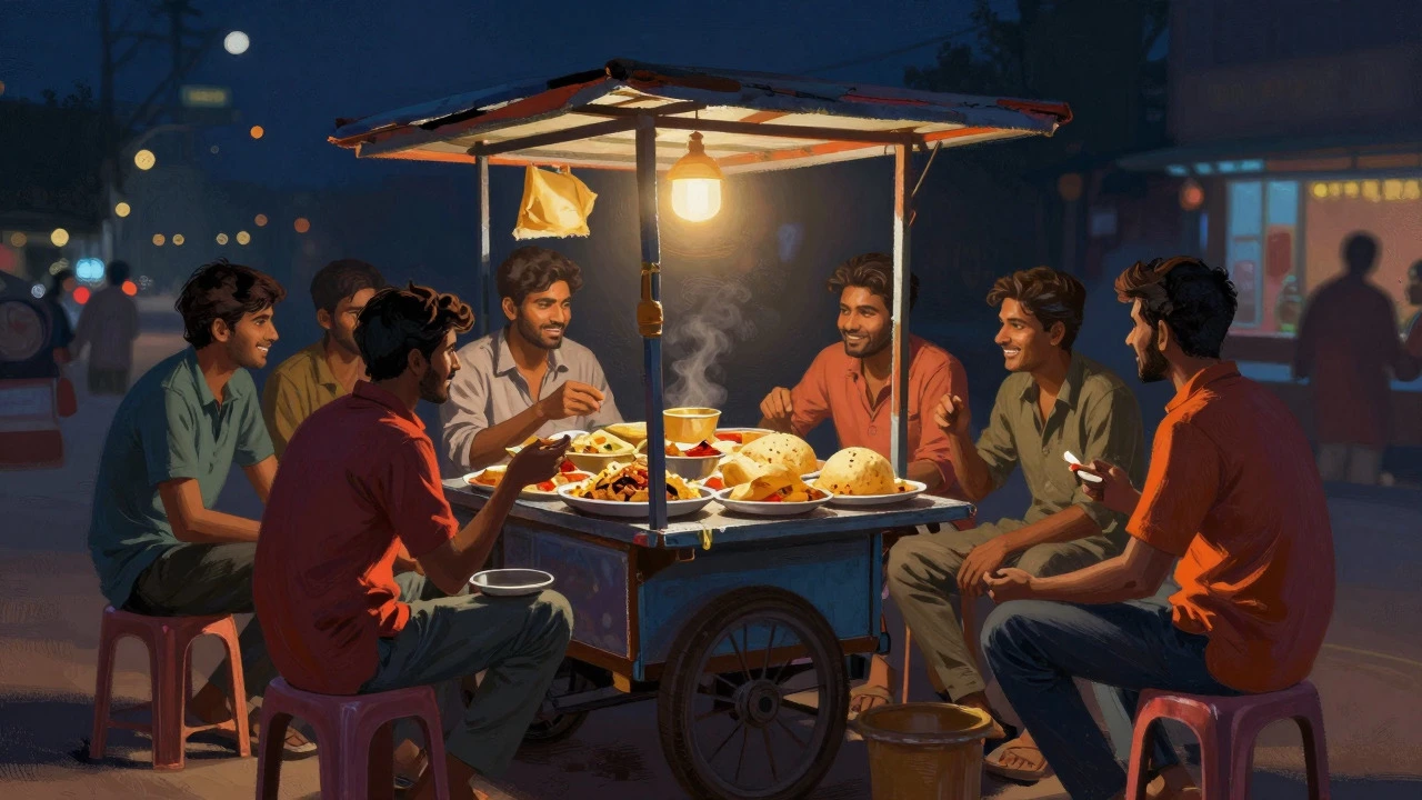 Friends sharing a meal of chole bhature and chaat at a night street food stall