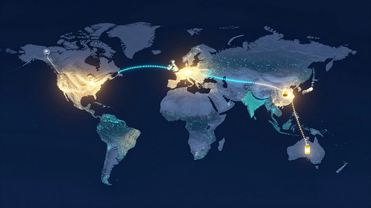 Glowing map showing global pharma supply chains from India to US and EU