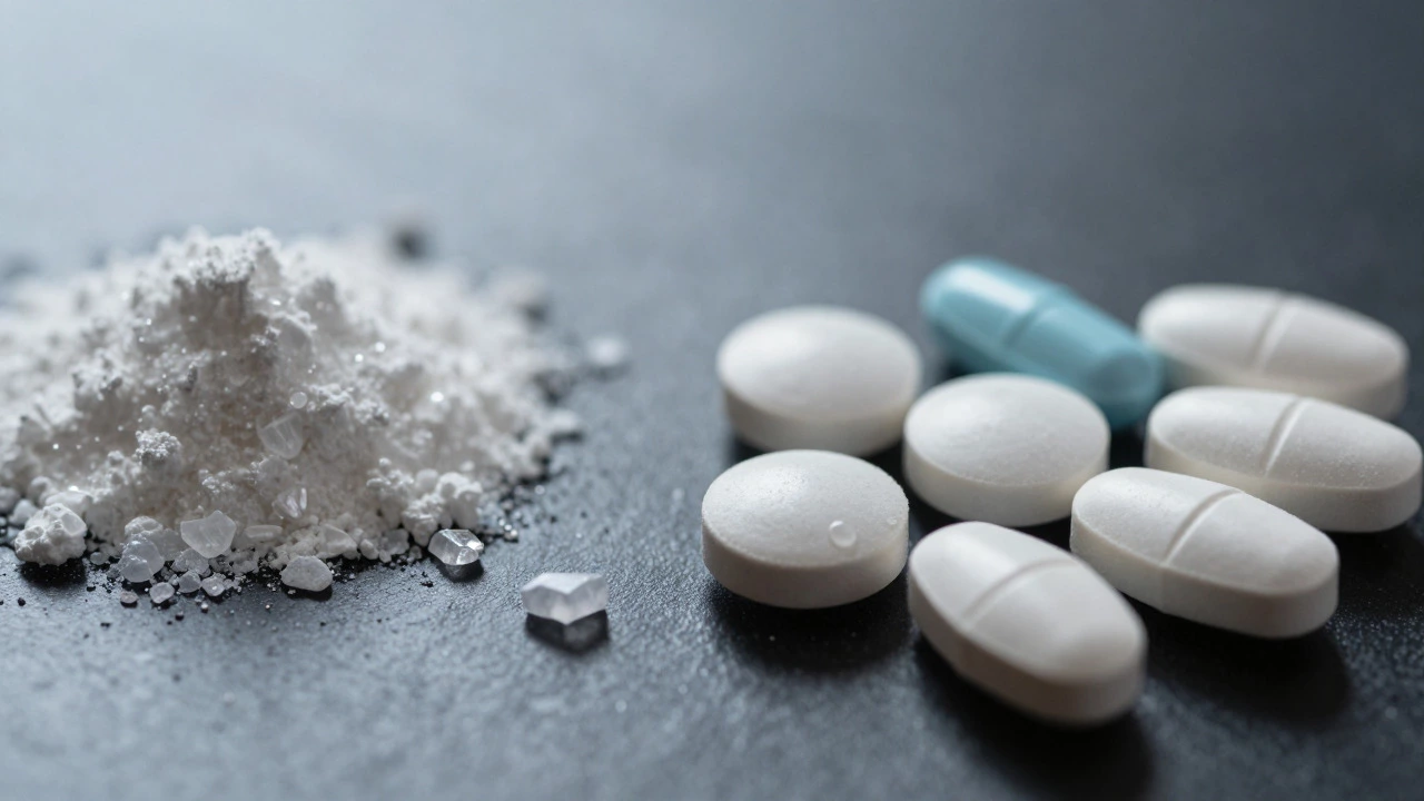 Macro shot of raw chemical ingredients transforming into finished pills