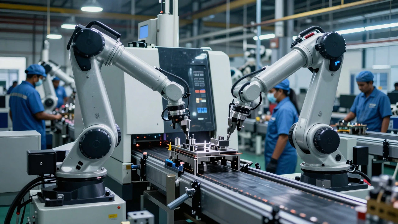 Technicians operating automated assembly line in factory