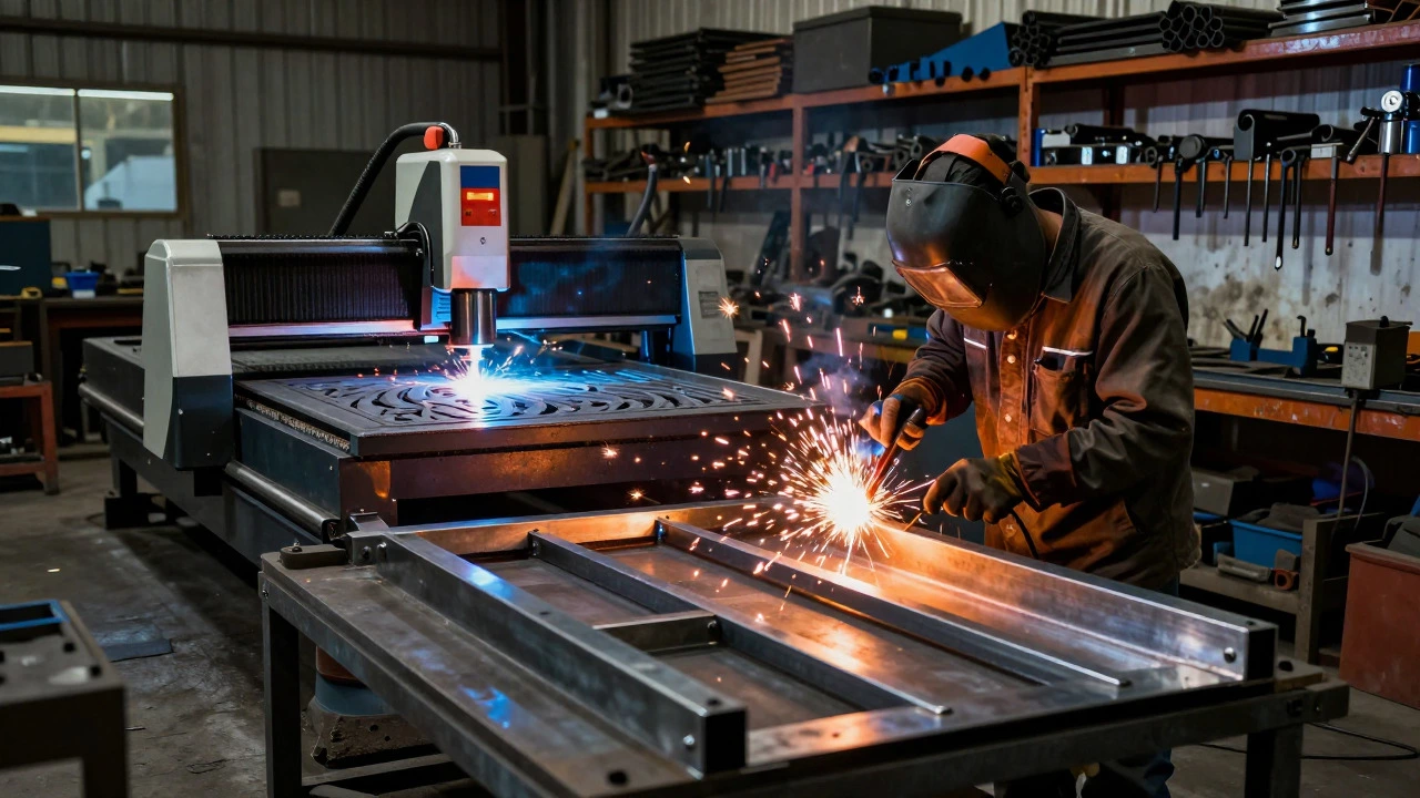 Welder working on custom steel structures in a metal fabrication workshop
