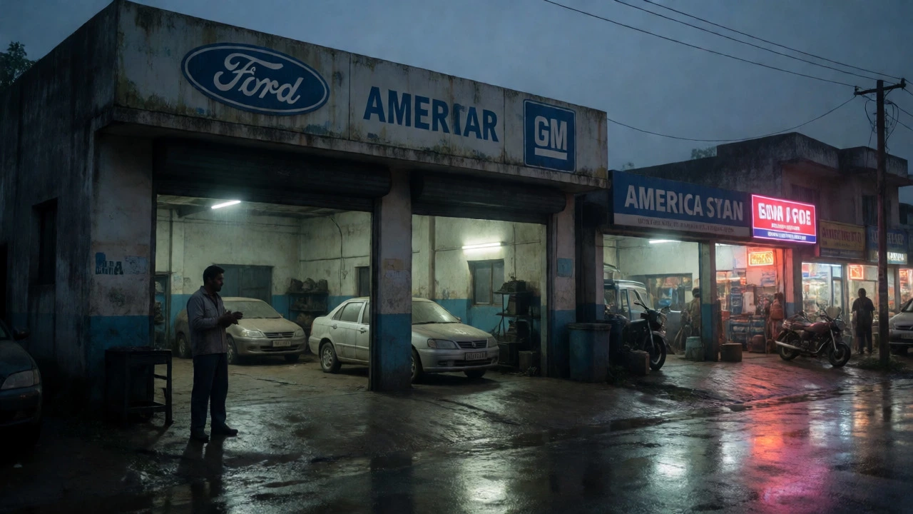 An empty American brand service center in a small Indian town at dusk, symbolizing exit.
