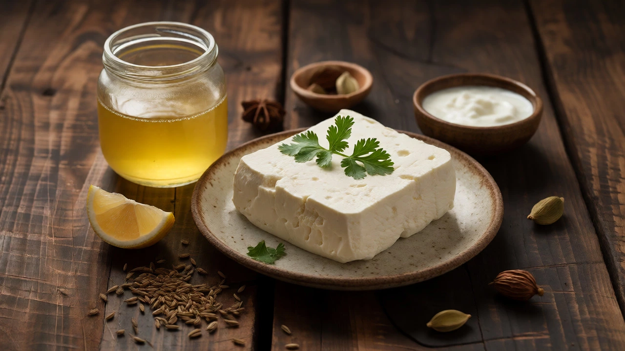 Block of homemade paneer with lemon and spices on a wooden table