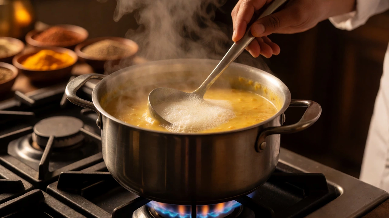 Chef skimming foam from simmering yellow dal in a pot on a stove