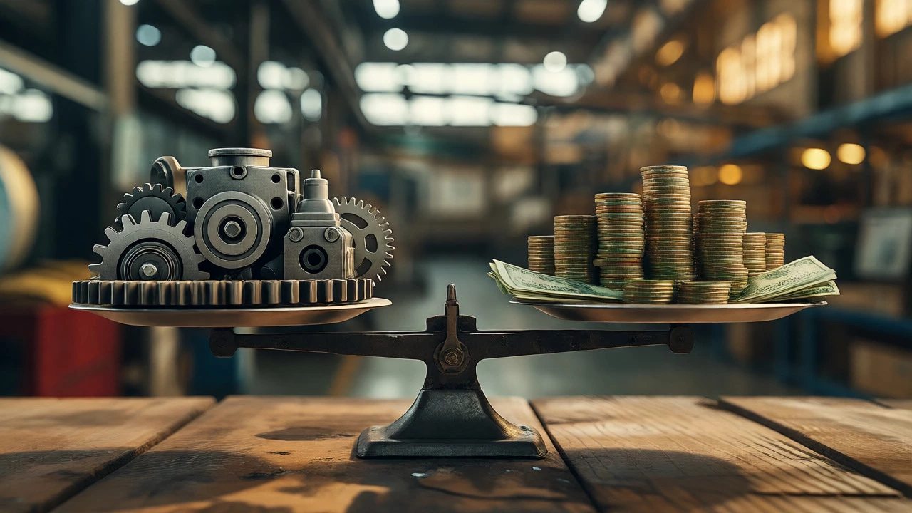 Conceptual scale balancing industrial machinery against monetary turnover limits.