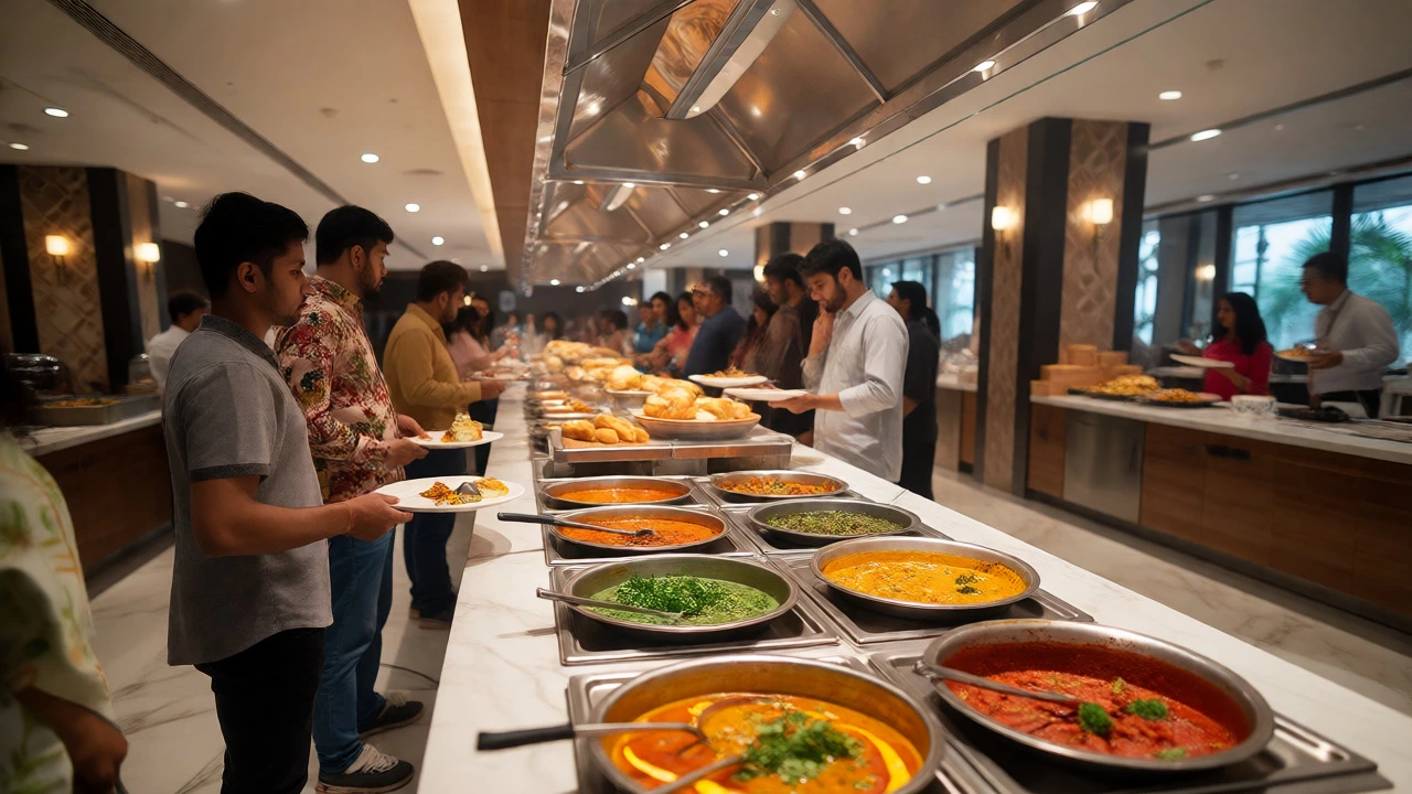 Diners at an Indian hotel buffet selecting food from a wide variety spread.