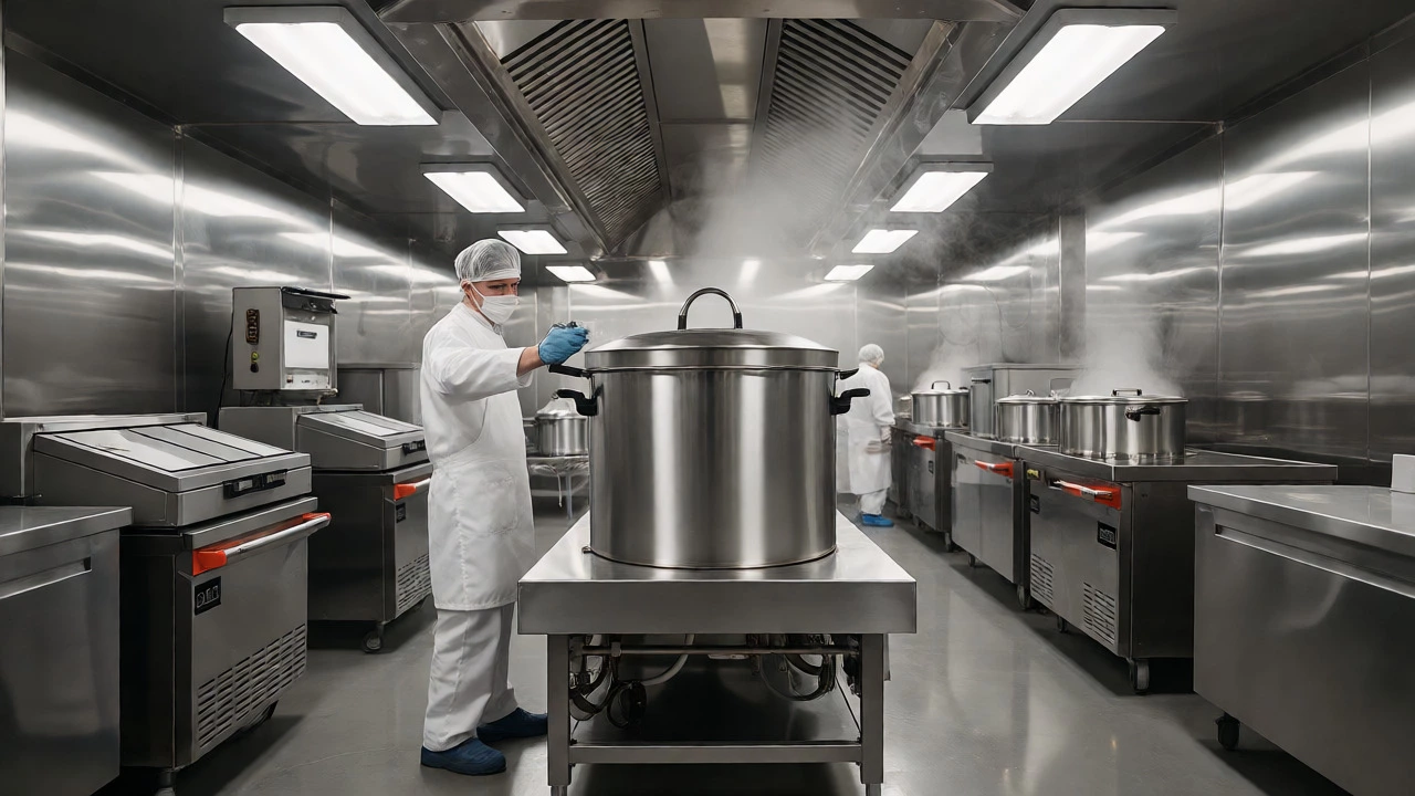 Industrial CPU kitchen with large steam kettles and workers in hygiene gear