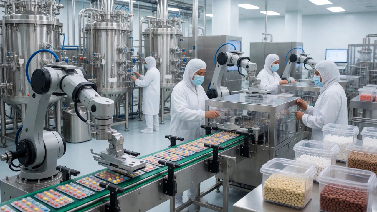 Interior of a large-scale Indian pharmaceutical factory showing automated pill production lines.