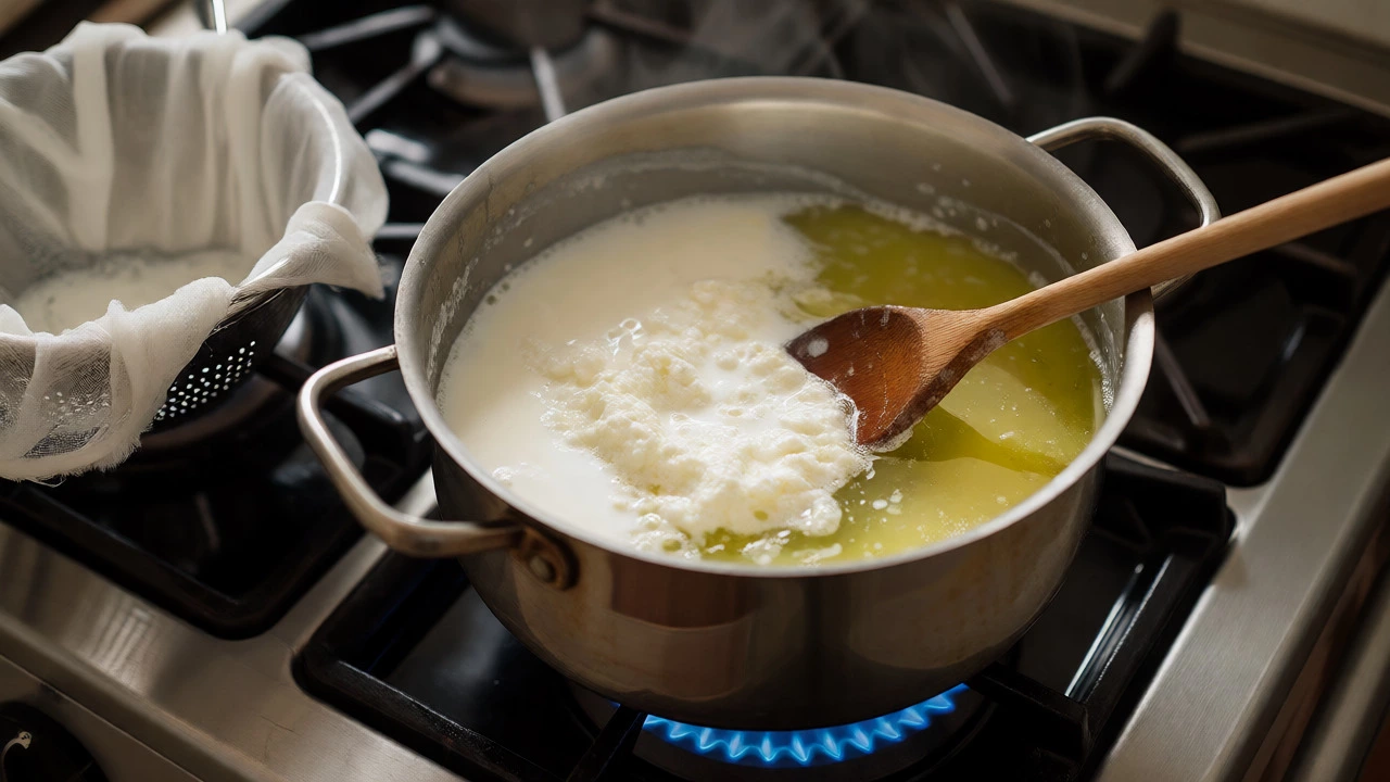 Milk separating into curds and whey in a pot on a gas stove
