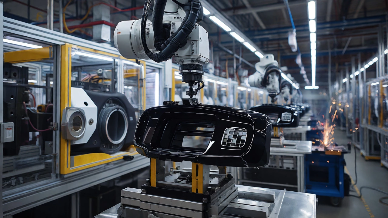 Robotic arm handling car parts in a Michigan injection molding plant