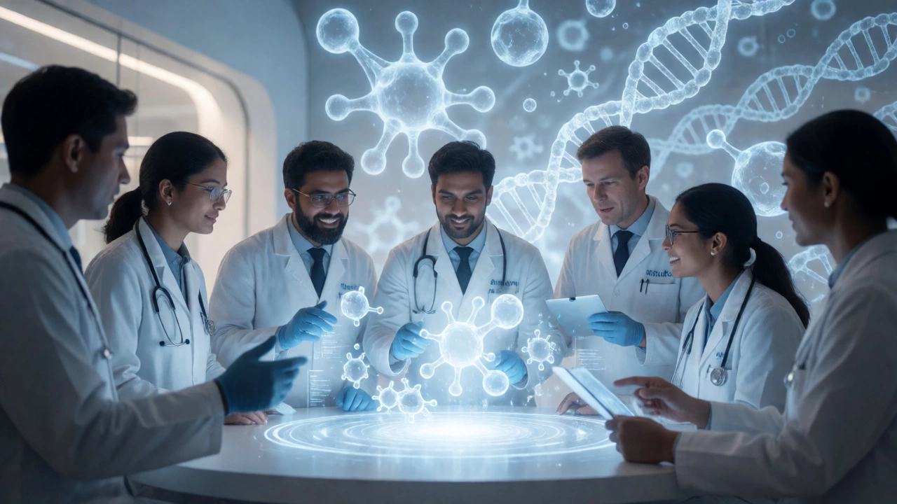 Scientists collaborating on molecular research in a modern, futuristic Indian laboratory setting.