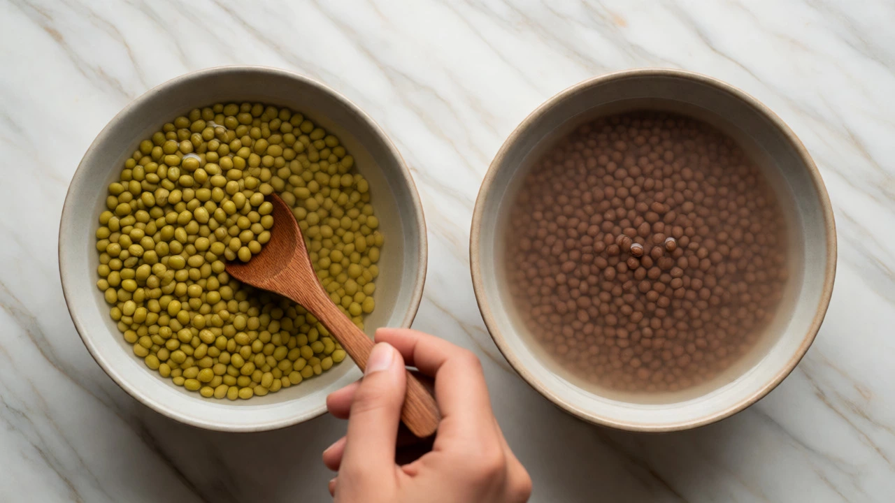 Side-by-side bowls of soaked Moong and Urad Dal in water on a marble table