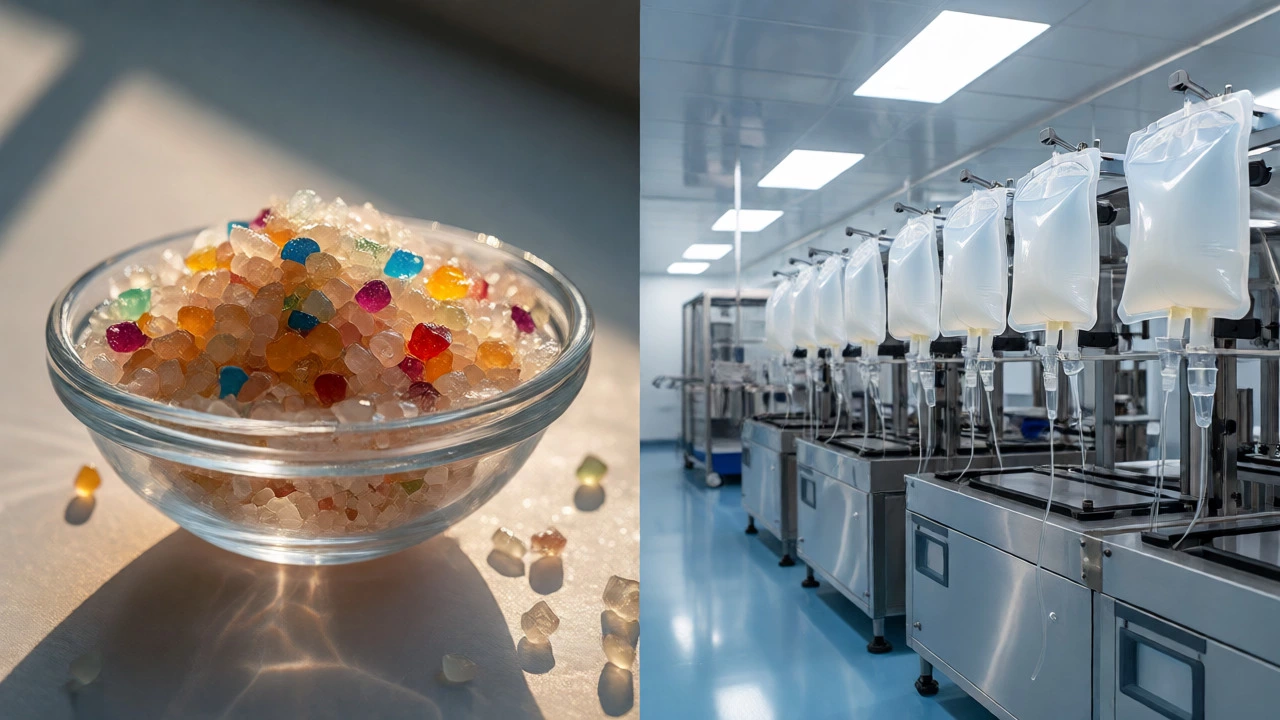 Split view of bioplastic granules and sterile medical packaging