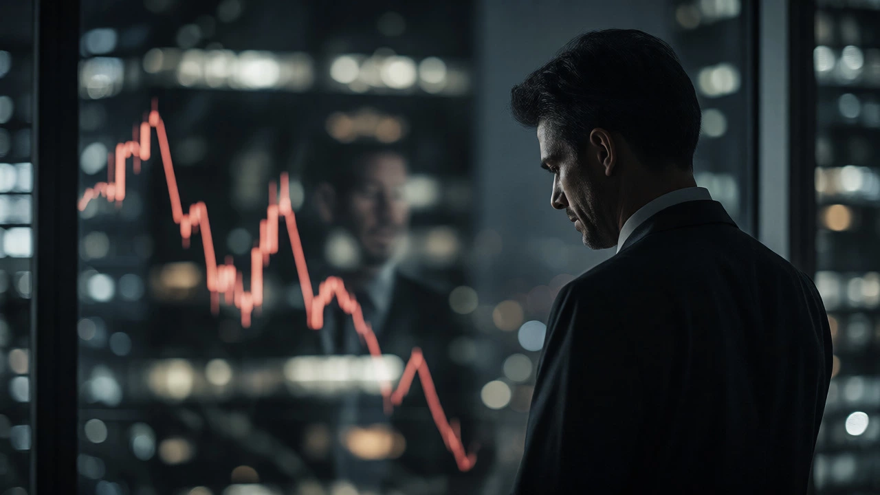 Analyst reflecting on falling stock trends in a dark office