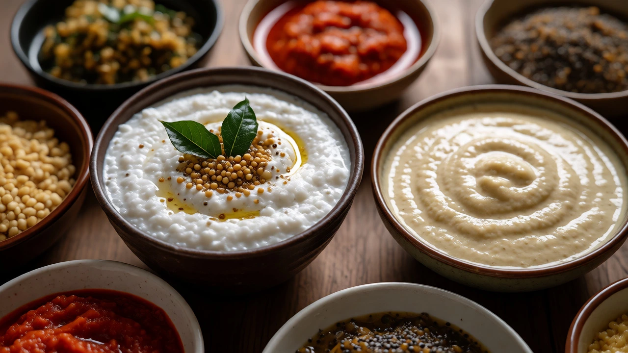 Assortment of regional Indian condiments including coconut, poppy seed, and garlic chutneys.