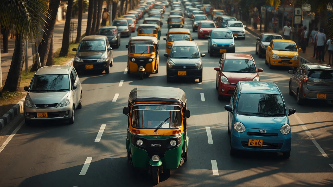 Busy Colombo streets filled with imported three-wheelers and Japanese hatchbacks under sunlight.