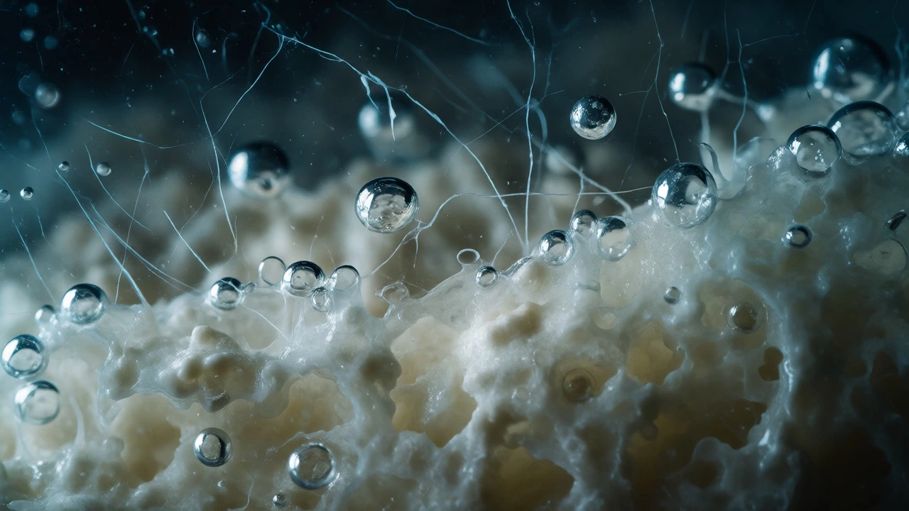Close-up of fermenting dosa batter showing air bubbles forming due to bacterial activity.
