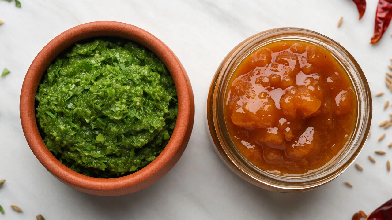 Comparison of fresh green herb chutney and cooked amber mango chutney on a marble surface.