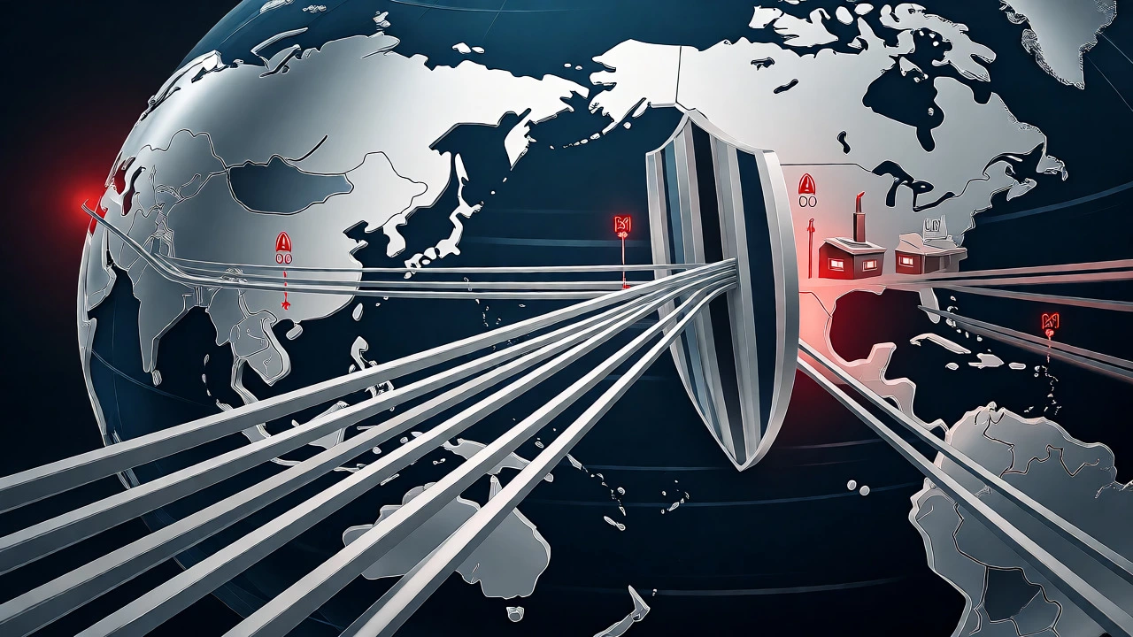 Conceptual art showing global steel trade flows and barriers